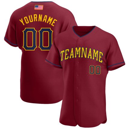 Custom American Flag Baseball Jersey with Personalized Name & Number in Crimson, Navy & Gold Personalized Crimson Navy-Gold
