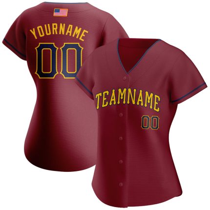 Custom American Flag Baseball Jersey with Personalized Name & Number in Crimson, Navy & Gold Personalized Crimson Navy-Gold