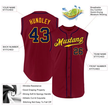 Custom Personalized Baseball Jersey with Sleeveless Design - Crimson Navy-Gold, Name & Number Personalized Crimson Navy-Gold