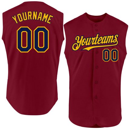 Personalized Crimson Navy Gold Baseball Jersey - Authentic Sleeveless Design Personalized Crimson Navy-Gold Authentic Sleeveless