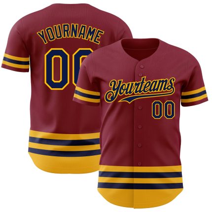 Personalized Baseball Jersey in Crimson Navy-Gold Line Design - Custom Team Apparel Personalized Crimson Navy-Gold Line Baseball