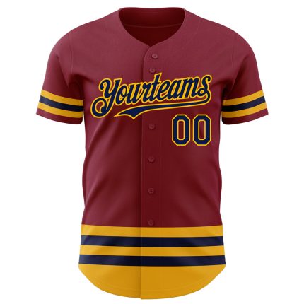 Personalized Baseball Jersey in Crimson Navy-Gold Line Design - Custom Team Apparel Personalized Crimson Navy-Gold Line Baseball