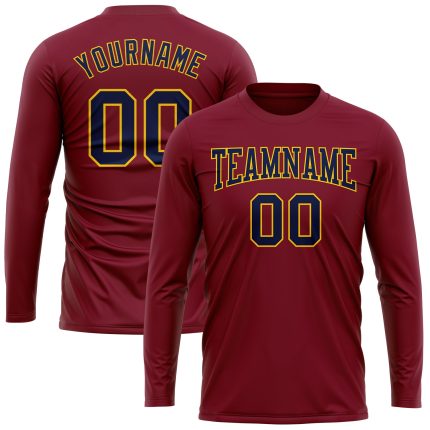 Personalized Team Custom Name and Number Long Sleeve Performance T-Shirt in Crimson Navy-Gold Personalized Crimson Navy-Gold