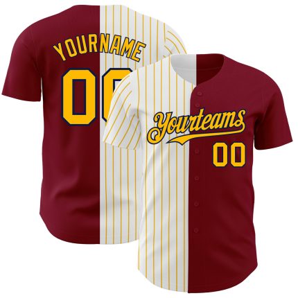 Personalized Crimson Navy Gold Pinstripe Baseball Jersey - Split Design Fashion Jersey Personalized Crimson Navy-Gold Pinstripe