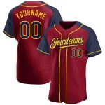 Custom Crimson and Navy Gold Baseball Jersey with Raglan Sleeves Personalized Crimson Navy-Gold Raglan Sleeves Baseball Jersey