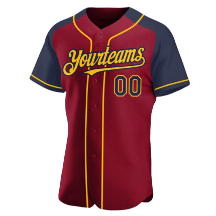 Custom Crimson and Navy Gold Baseball Jersey with Raglan Sleeves Personalized Crimson Navy-Gold Raglan Sleeves Baseball Jersey