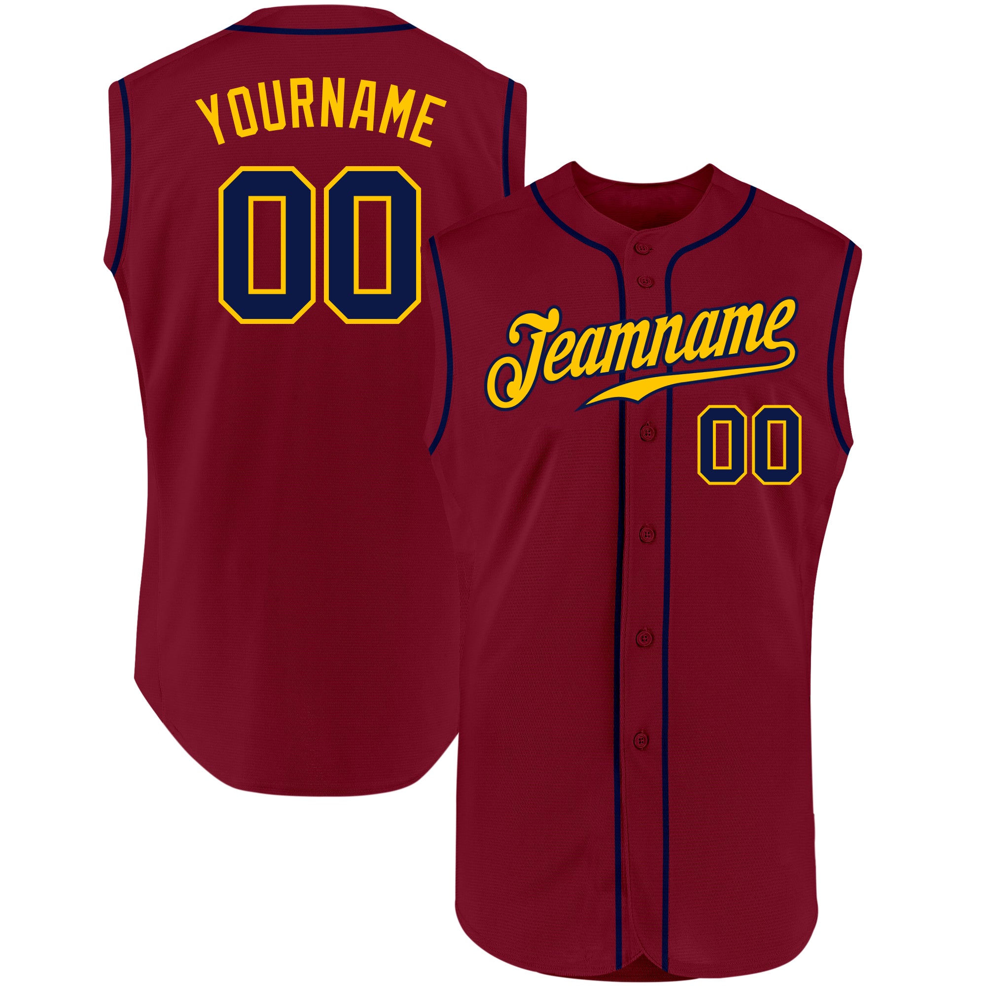 Personalized Navy Gold Crimson Sleeveless Baseball Jersey for Men and Women Personalized Crimson Navy-Gold Sleeveless Baseball