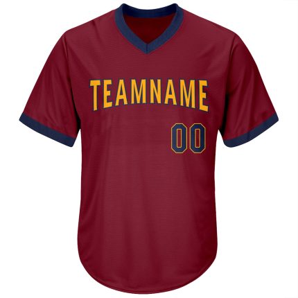 Personalized Baseball Jersey Shirt - Crimson Navy Gold Throwback Rib-Knit Personalized Crimson Navy-Gold Throwback Rib-Knit