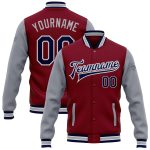 Personalized Letterman Jacket in Crimson Navy-Gray Two Tone Bomber Style, Full-Snap Design Personalized Crimson Navy-Gray