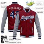 Custom Team Bomber Jacket with Name & Number - Personalized Crimson Navy-Gray Varsity Letterman Full-Snap Two Tone Jacket