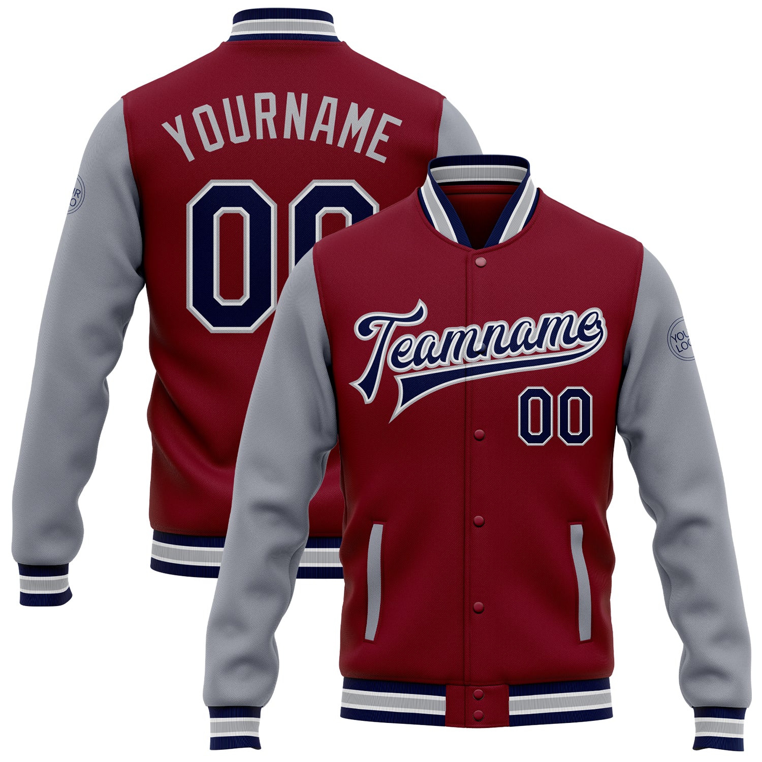 Custom Team Bomber Jacket with Name & Number - Personalized Crimson Navy-Gray Varsity Letterman Full-Snap Two Tone Jacket