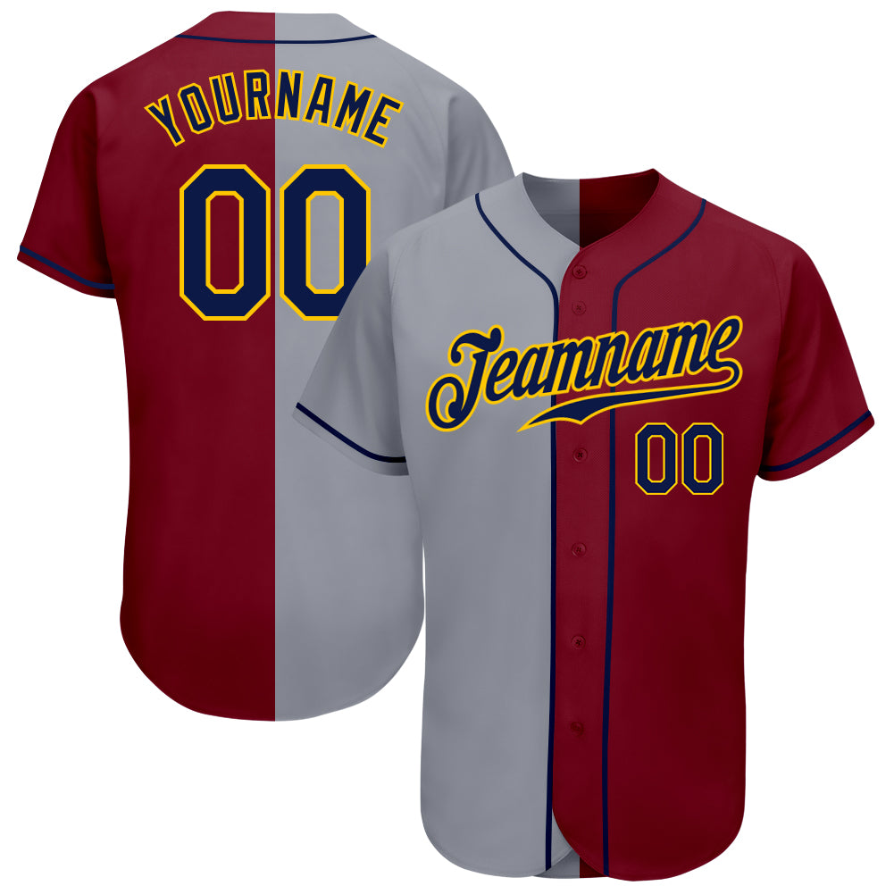 Personalized Baseball Jersey in Crimson Navy-Gray Split Design Personalized Crimson Navy-Gray Split Fashion Baseball Jersey