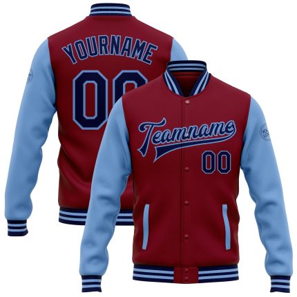 Personalized Two Tone Varsity Letterman Bomber Jacket in Crimson Navy and Light Blue Personalized Crimson Navy-Light Blue