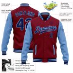 Custom Name Number Two Tone Bomber Jacket Varsity Letterman Crimson Navy-Light Blue Full-Snap Team Apparel Personalized Crimson