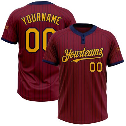 Personalized Unisex Softball Jersey Crimson Navy Pinstripe Gold Two-Button Design Personalized Crimson Navy Pinstripe Gold