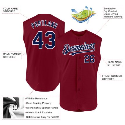 Custom Personalized Baseball Jersey Crimson Navy-White Authentic Sleeveless with Name and Number Personalized Crimson Navy-White