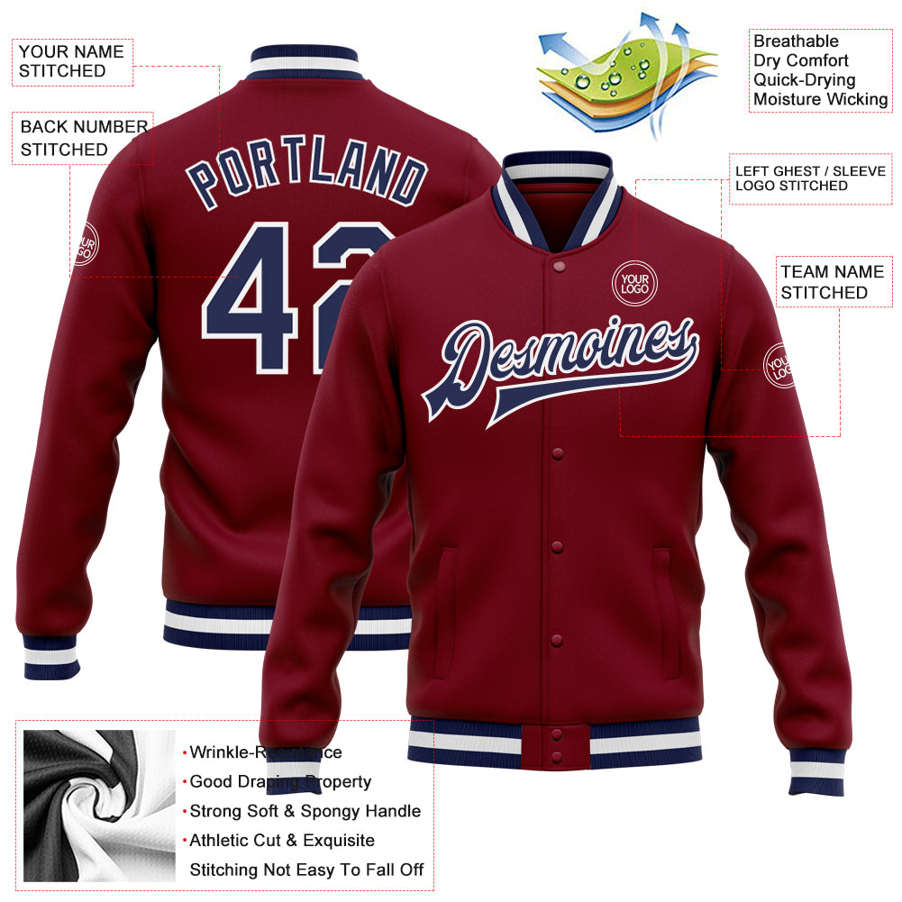 Personalized Varsity Letterman Jacket in Crimson Navy-White Bomber Style Personalized Crimson Navy-White Bomber Full-Snap - Image 5