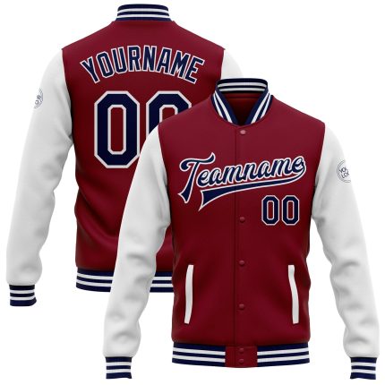 Personalized Two Tone Crimson Navy-White Varsity Letterman Bomber Jacket Full-Snap Personalized Crimson Navy-White Bomber