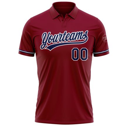 Custom Name and Number Performance Golf Polo Shirt - Personalized Crimson Navy-White Design Personalized Crimson Navy-White
