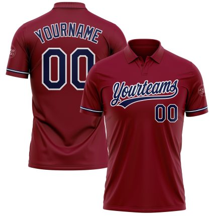 Custom Name and Number Performance Golf Polo Shirt - Personalized Crimson Navy-White Design Personalized Crimson Navy-White