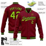 Custom Team Name Number Crimson Black Green Neon Varsity Letterman Full-Snap Bomber Jacket Personalized Crimson Neon Green-Black