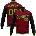 Custom Name and Number Two-Tone Varsity Letterman Bomber Jacket in Crimson Neon Green-Black Personalized Crimson Neon Green-Black