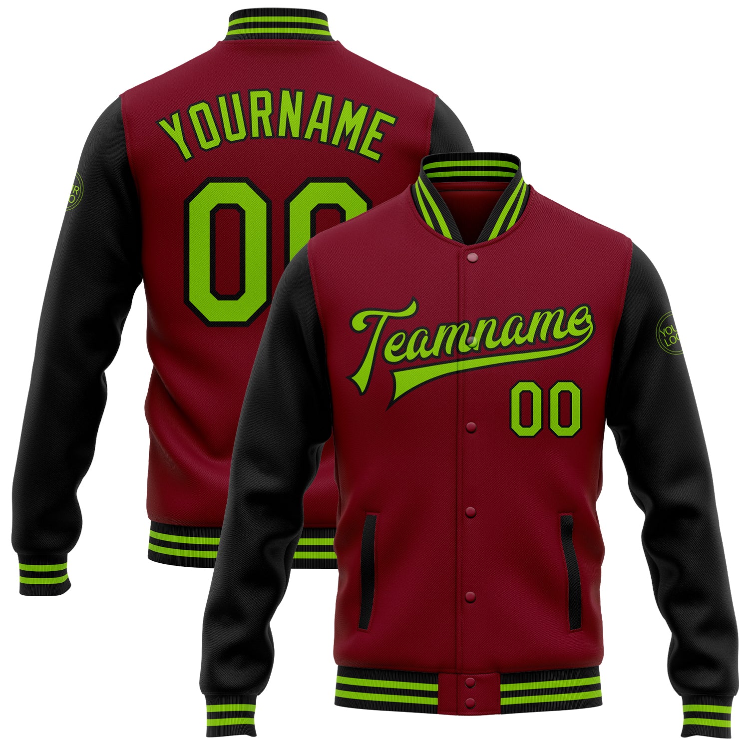 Custom Name and Number Two-Tone Varsity Letterman Bomber Jacket in Crimson Neon Green-Black Personalized Crimson Neon Green-Black