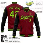 Custom Name and Number Two-Tone Varsity Letterman Bomber Jacket in Crimson Neon Green-Black Personalized Crimson Neon Green-Black