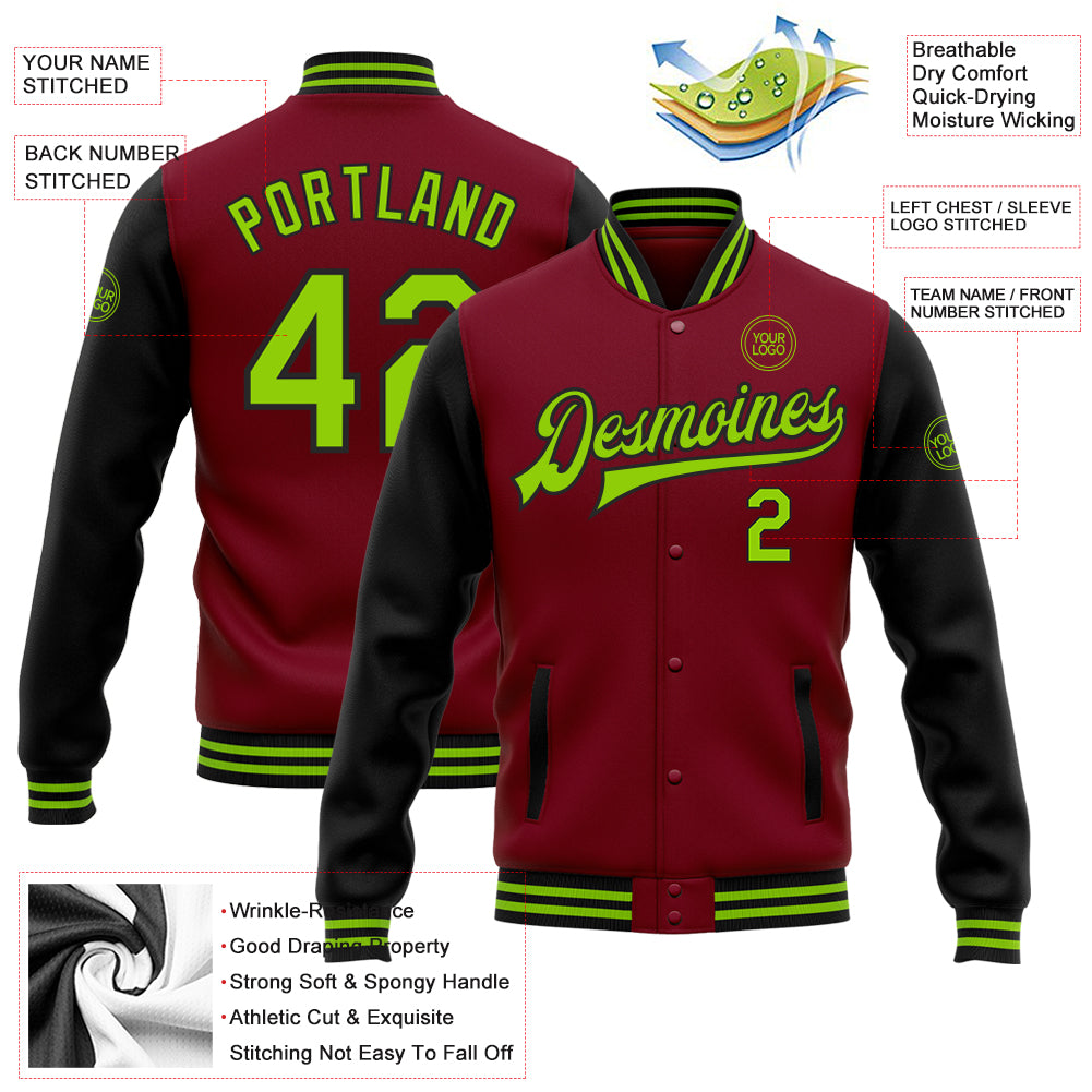 Personalized Crimson Neon Green-Black Bomber Full-Snap Varsity Letterman Two Tone Jacket Team Custom Name and Number Custom Name and Number Two-Tone Varsity Letterman Bomber Jacket in Crimson Neon Green-Black Personalized Crimson Neon Green-Black - Image 3