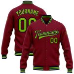 Custom Name and Number Varsity Letterman Jacket Crimson Neon Green-Navy Bomber Personalized Crimson Neon Green-Navy Bomber