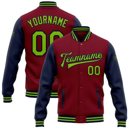 Personalized Two-Tone Bomber Jacket in Crimson Neon Green and Navy - Full-Snap Varsity Letterman Style Personalized Crimson