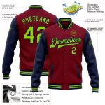 Custom Name and Number Neon Green-Navy Bomber Varsity Letterman Jacket Personalized Two Tone Design Personalized Crimson