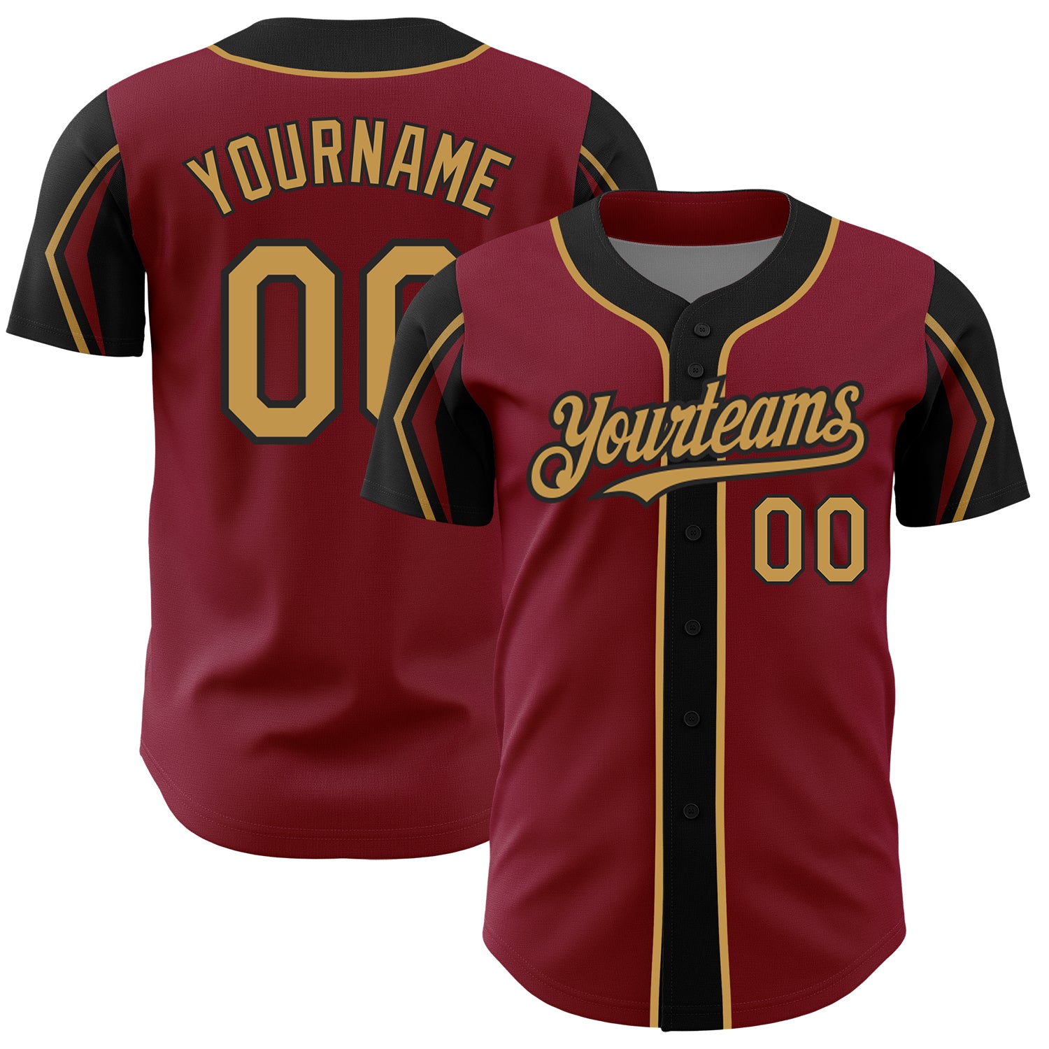 Personalized Crimson Old Gold Black Baseball Jersey - Custom 3 Color Arm Shapes Personalized Crimson Old Gold-Black 3 Colors