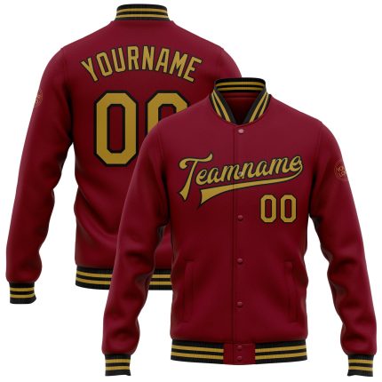 Personalized Varsity Jacket in Crimson, Old Gold, and Black - Full-Snap Bomber Style Letterman Jacket Personalized Crimson