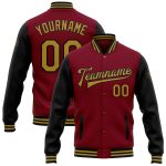 Personalized Crimson Old Gold Black Two Tone Varsity Letterman Bomber Jacket Full-Snap Personalized Crimson Old Gold-Black