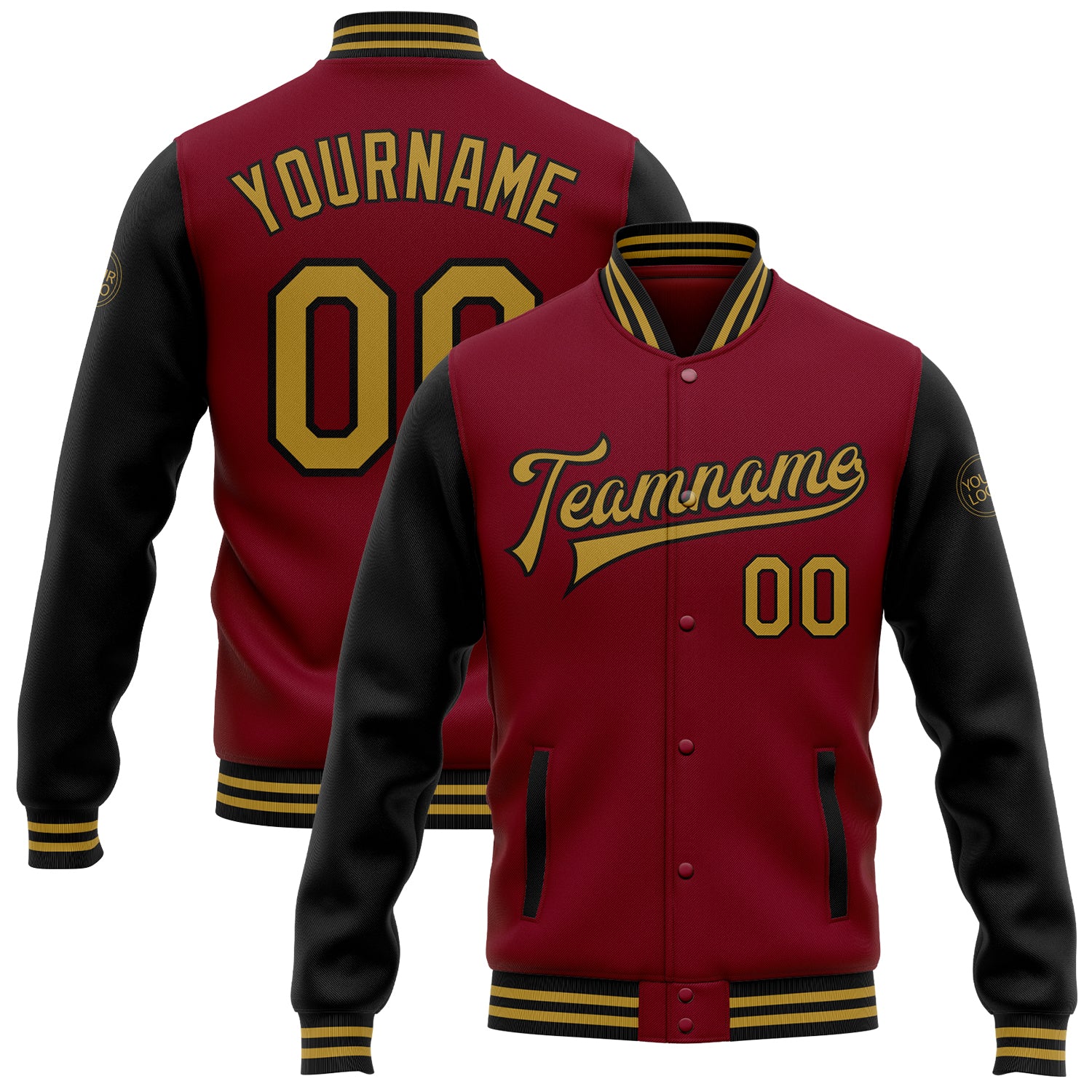 Custom Team Name Number Bomber Jacket Two Tone Crimson Old Gold Black Full-Snap Varsity Letterman Jacket Personalized Crimson