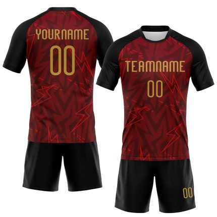 Custom Name and Number Volleyball Uniform Jersey - Personalized Crimson Old Gold-Black Lightning Sublimation Design Personalized