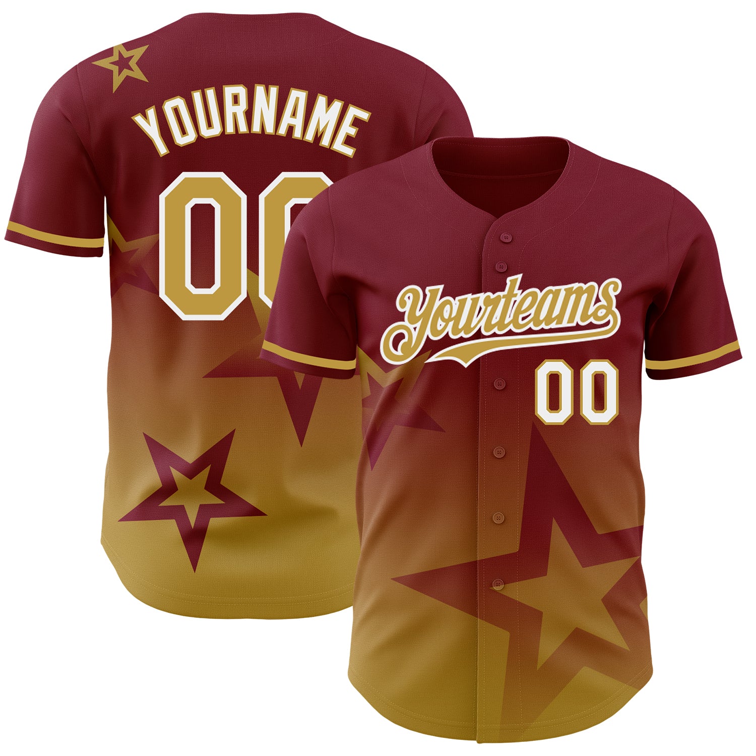 Personalized Crimson Gradient Twinkle Star Baseball Jersey in Old Gold-White Colors Personalized Crimson Old Gold-White 3D