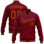 Custom Name Number Varsity Letterman Jacket Crimson Orange Black Bomber Full-Snap Team Apparel Personalized Crimson Orange-Black