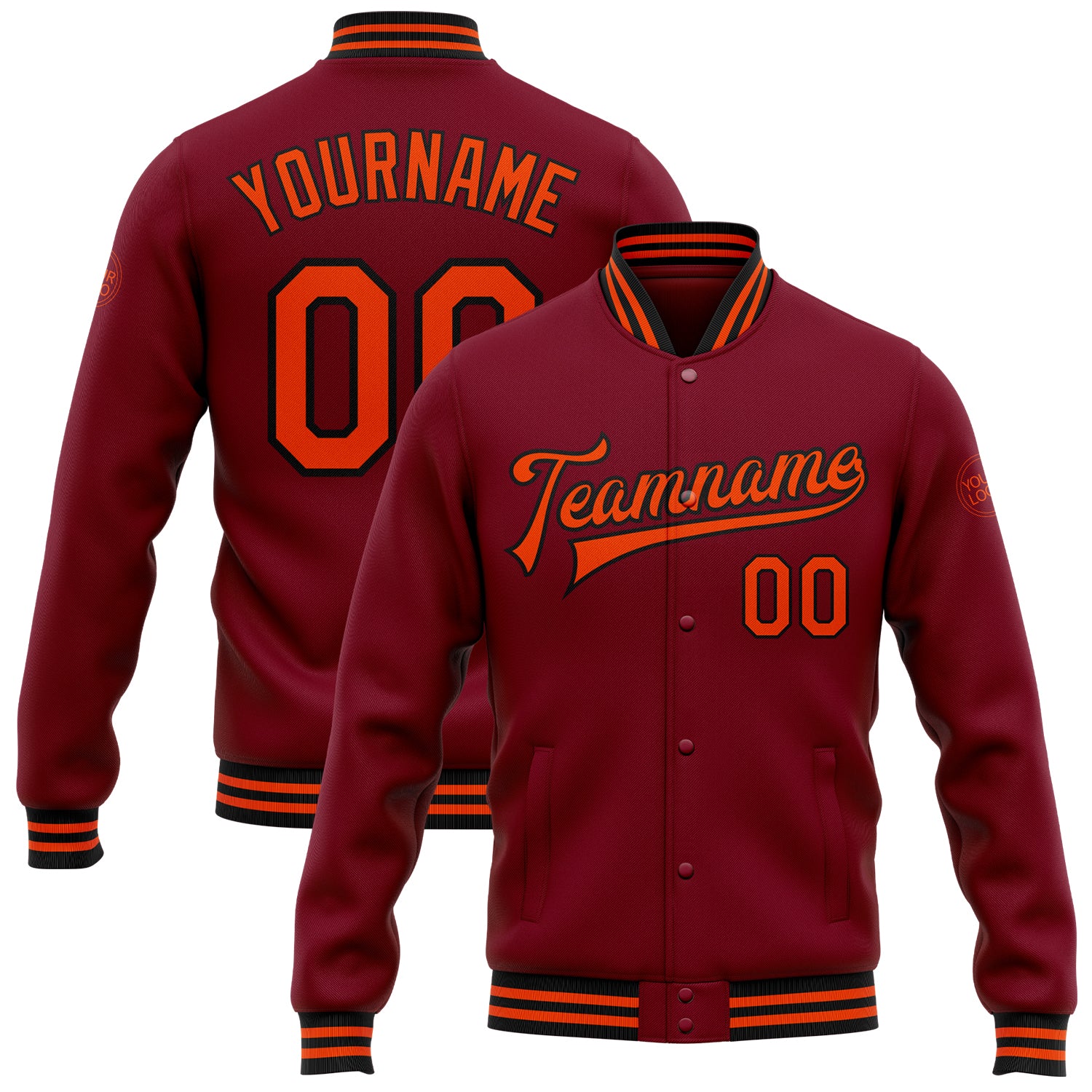 Custom Name Number Varsity Letterman Jacket Crimson Orange Black Bomber Full-Snap Team Apparel Personalized Crimson Orange-Black