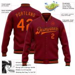 Personalized Bomber Jacket for Men and Women - Crimson Orange-Black Full-Snap Varsity Letterman Style Personalized Crimson