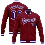 Custom Name and Number Bomber Varsity Jacket in Crimson Purple-White | Personalized Full-Snap Letterman Jacket Personalized