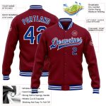 Custom Name and Number Varsity Letterman Jacket Crimson Royal White Bomber Full-Snap Personalized Crimson Royal-White Bomber