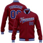 Custom Name and Number Varsity Letterman Jacket Crimson Royal White Bomber Full-Snap Personalized Crimson Royal-White Bomber