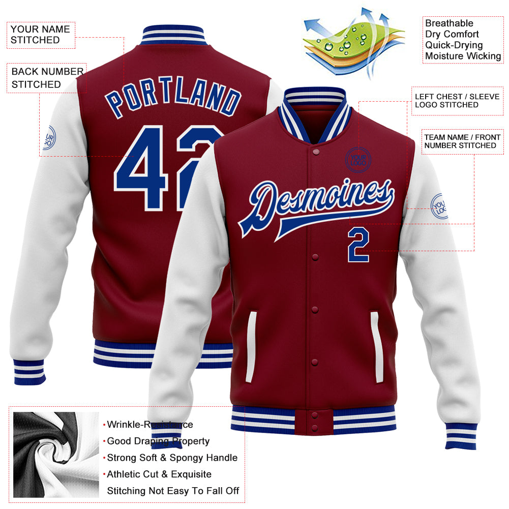 Personalized Crimson White Two-Tone Varsity Letterman Bomber Jacket Personalized Crimson Royal-White Bomber Full-Snap Varsity - Image 4