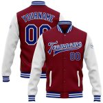Personalized Crimson White Two-Tone Varsity Letterman Bomber Jacket Personalized Crimson Royal-White Bomber Full-Snap Varsity