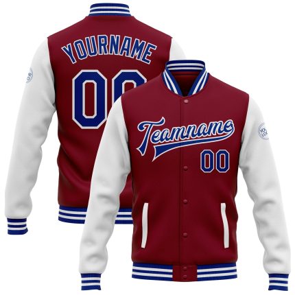 Personalized Royal Red and White Two-Tone Bomber Jacket Full-Snap Varsity Letterman Personalized Crimson Royal-White Bomber