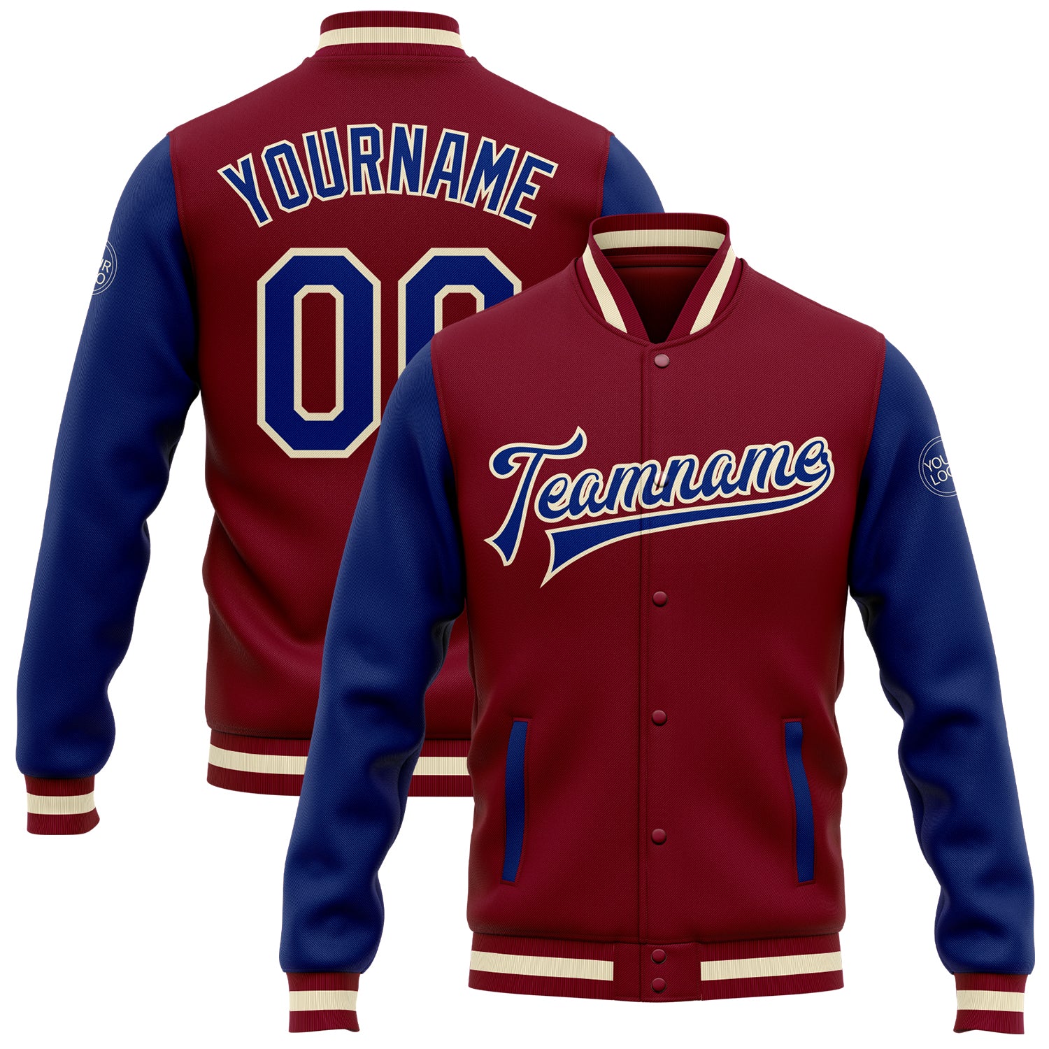 Custom Two Tone Varsity Letterman Bomber Jacket - Personalized Crimson Royal-White with Team Name and Number Personalized