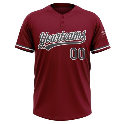 Custom Name and Number Unisex Softball Jersey - Personalized Crimson Gray White Two-Button Design Personalized Crimson Steel