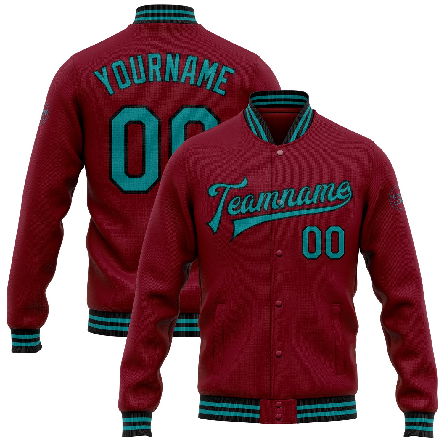 Custom Team Name Number Bomber Jacket Personalized Crimson Teal-Black Full-Snap Varsity Letterman Personalized Crimson Teal-Black